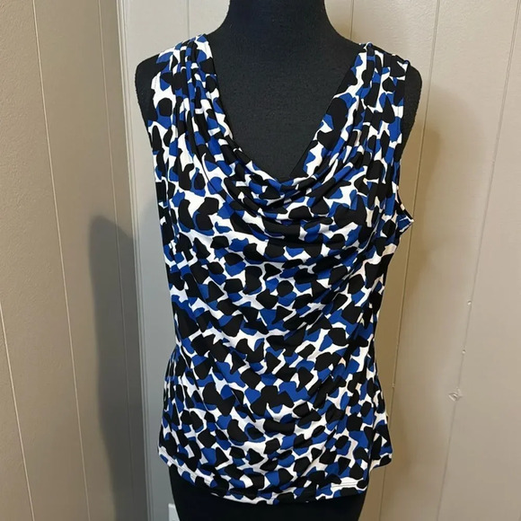 Calvin Klein blue/black/white print stretch draped neckline sleeveless top. XL. - Picture 1 of 6